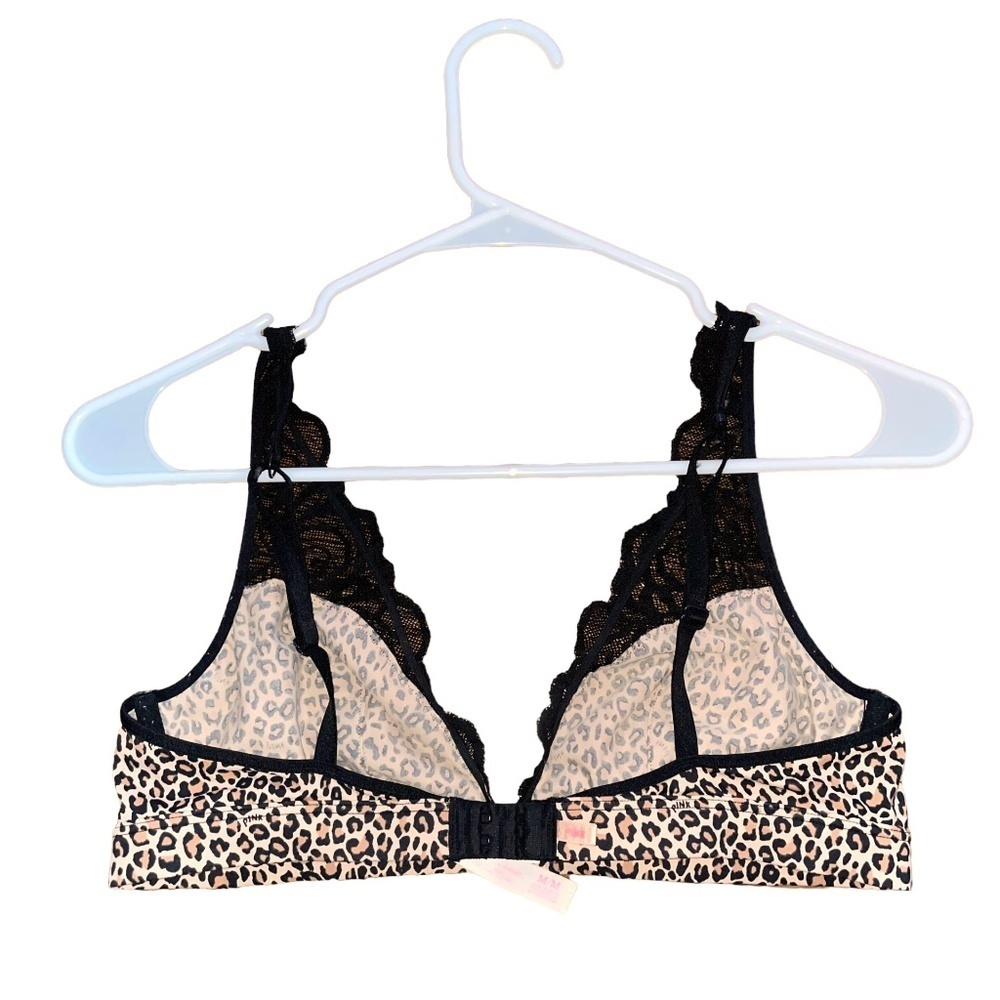 Victoria’s Secret PINK Unlined Plunge Bralette Lace Bra Black Animal Print M - Picture 2 of 10